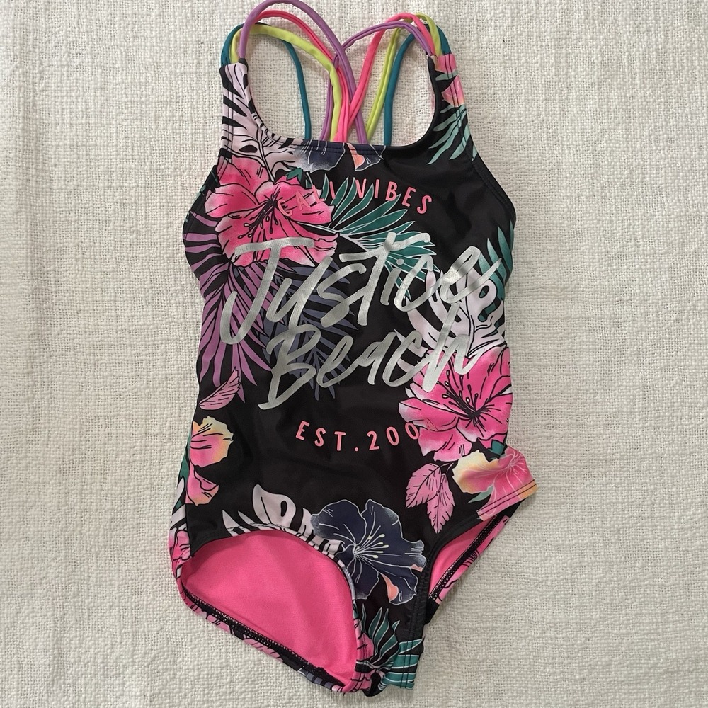 Justice Beach One-Piece Swimsuit Tropical Hawaiian Theme Girl's XS 5/6 EUC